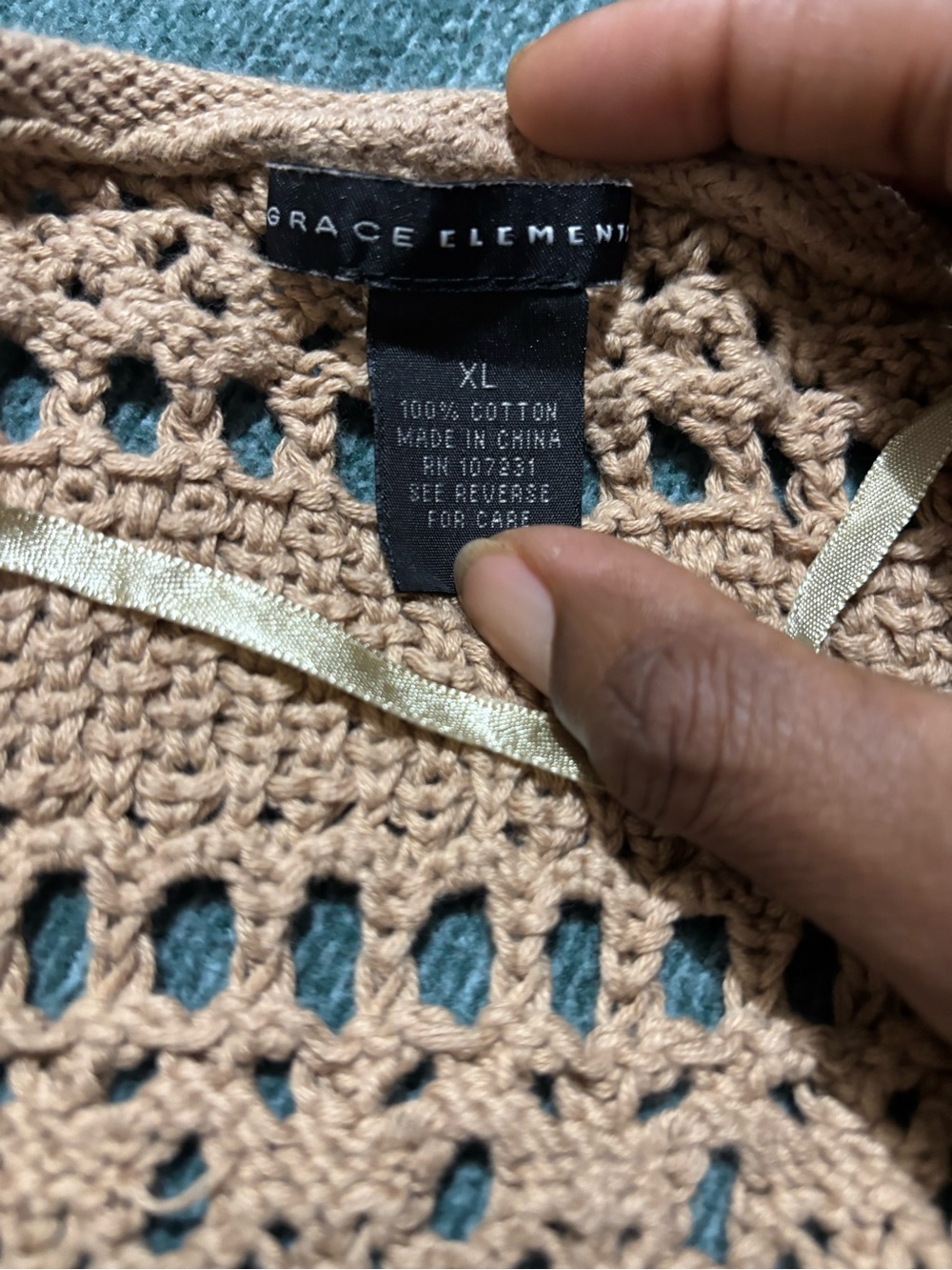 Grace Elements Taupe Open-Knit Crewneck Sweater 100% Cotton Size XL - Picture 2 of 4